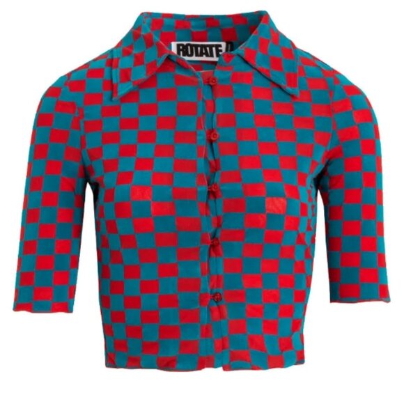 ROTATE Birger Christensen Miranda Red/Blue Mesh/Velvet Plaid CroppedShirt M $270 - Picture 3 of 14